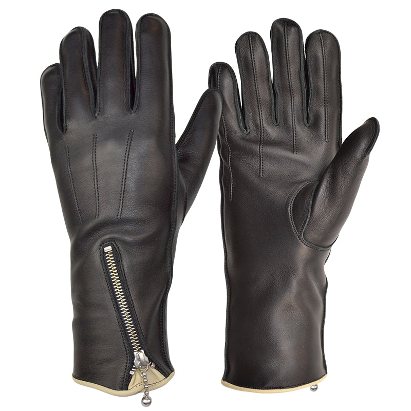 Zipped Unlined Cafe Racer Gloves with Tan Trim